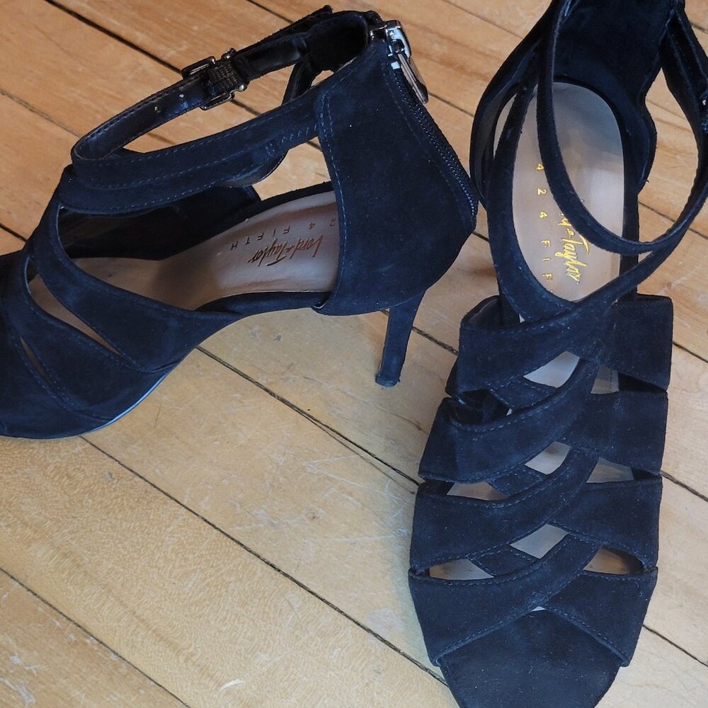 Lord & Taylor 424 Fifth Black Suede Cage Stiletto Sandals Size 38 / US 7.5 Back‎